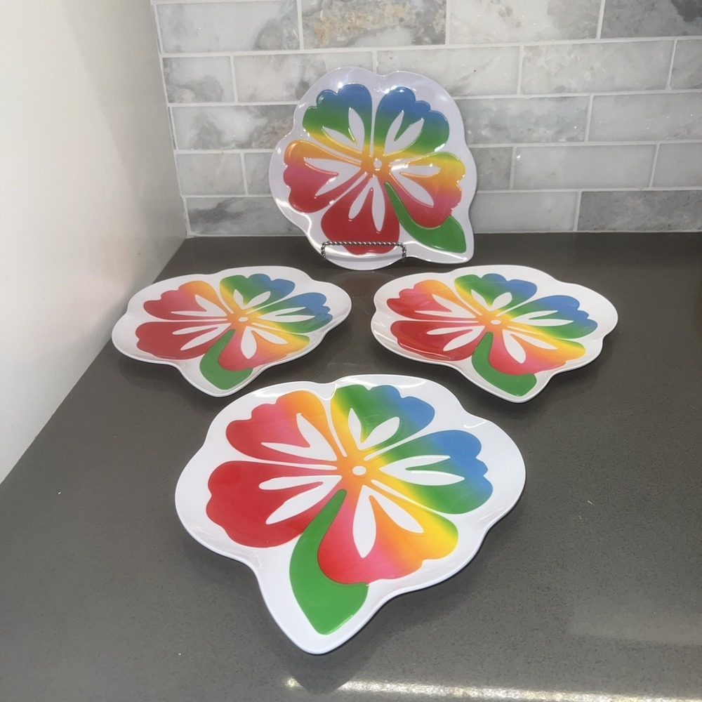 4 Rainbow Hibiscus Flower Melamine Appetizer Plates 8" Pop Art Picnic Pool Beach